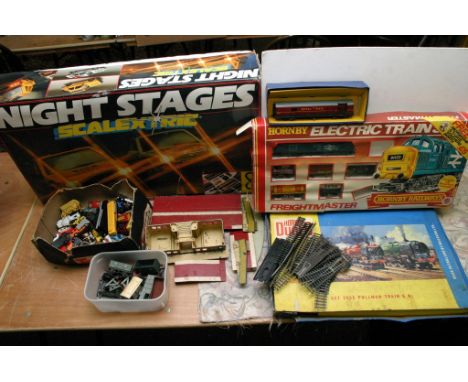 A collection of boxed Hornby trainsets including a Freightmaster set number R578,  a Night Stages Scalextric set plus other s