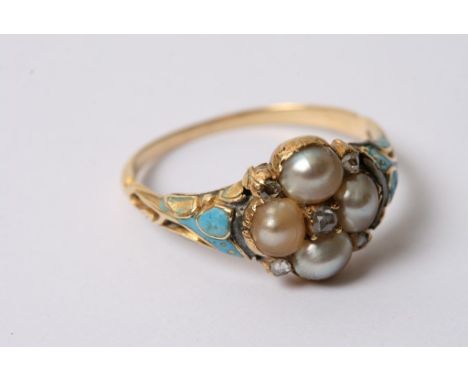 A vintage gold ring centre set with natural pearl and old cut diamonds flower