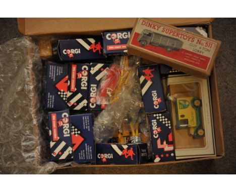 A box containing toy die-cast, comprising playworn unboxed matchbox boxed corgi cars, and a dinky 511 Guy 4-Ton lorry in orig