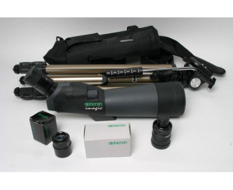 A cased Opticron telescope, lenses and tripod, complete with original guarantee. 