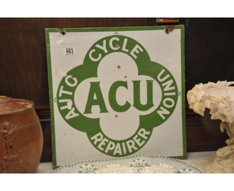 A rare enamel two sided shop ACU Auto Cycle Repair sign
