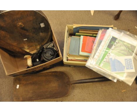 A collection of railwayana comprising a British Rail Sports Association silver plated tray, Victorian kettle lamp, LMS spike 