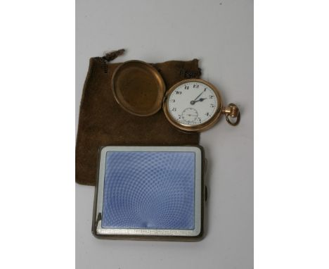 A silver and enamel cigarette case, Birmingham hallmarks and a yellow metal pocket watch.