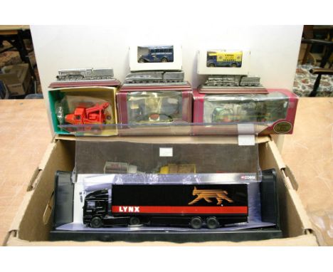 A boxed Corgi ERF Lynx Truck no 75001 together with various other boxed and unboxed model vehicles and a framed set of railwa