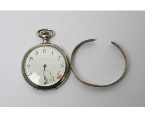 A silver case pocket watch and a silver bangle