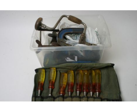 A box of woodworking tools including Stanley planes etc