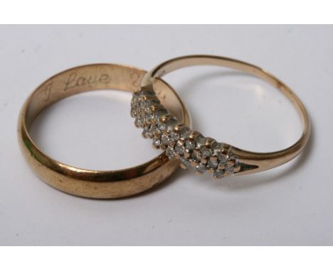 A 9ct gold ring set comprising a wedding band and diamond studded engagement ring