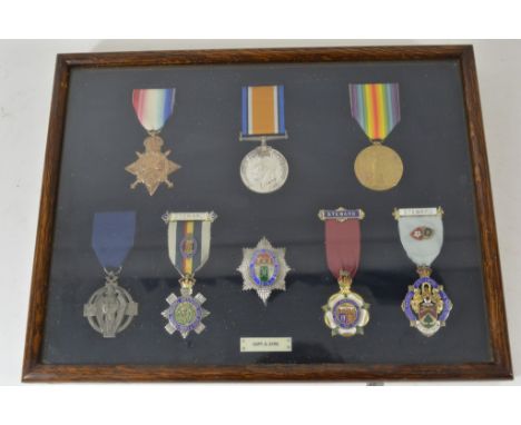 A group of First World War medals awarded to Capt S Ayre, with five Masonic enamel jewels possible silver guilt in a fitted s