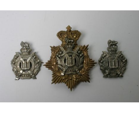 Three Scottish Kings Own Borderers badges including a helmet plate, possible reproduction