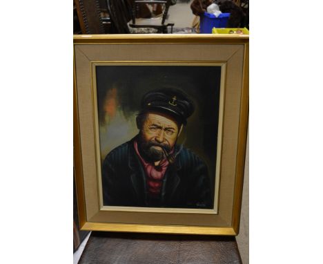 An oil on canvass depicting a bearded gentleman smoking a pipe and wearing a hat bearing a naval badge.