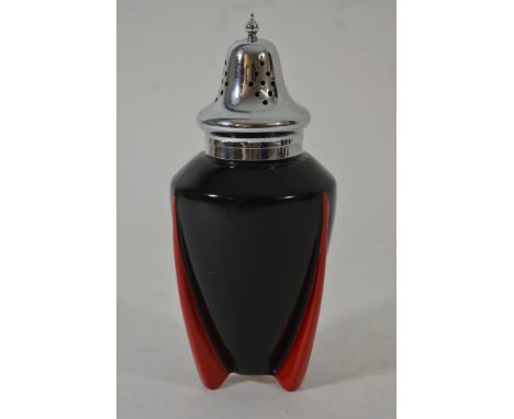 Another Art Deco Wilkinson 'Yoo Hoo' pattern sifter having black body on red fin shaped feet with chrome lid and handle, desi