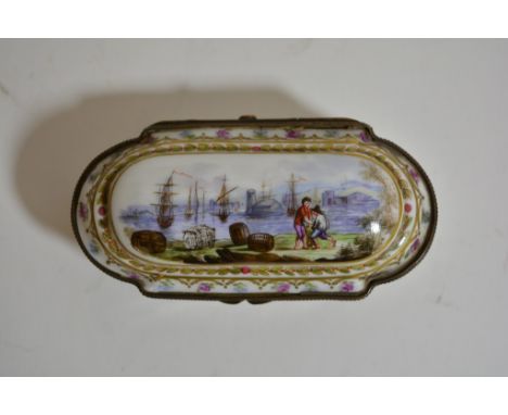 An attractive continental porcelain trinket box hand painted in the Sevres style with a harbour scene, crossed sword mark to 