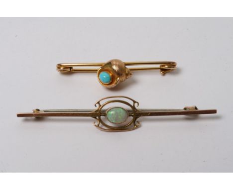 Two bar brooches one inset with an opal and the other in the form of a shell