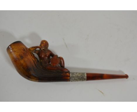 An amber and silver mounted Meersham pipe carved as a nude maiden
