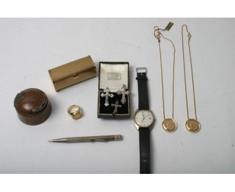 A bag containing a silver propelling pencil, silver crosses, gold plated pendants, gent's Roamer watch and trinket boxes