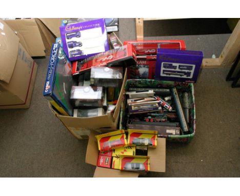 Two boxes of boxed model vehicles including Corgi, EFE,Matchbox etc and a box of unboxed model railway carriages, trucks etc