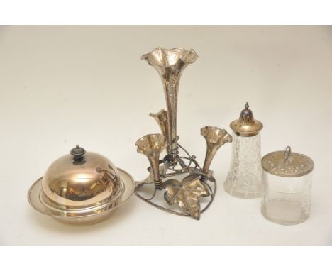 A collection of silver plated items to include muffin dish, candelabra, sugar sifter and preserve pot.