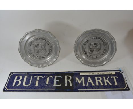 An enamel German 'Buttermarkt' street sign alleged to have been removed during WW2, with written vendor provenance. Approxima