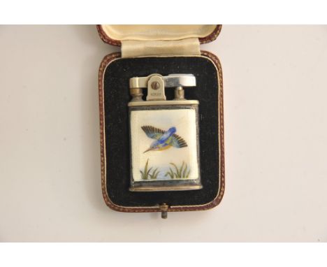 A Ronson lighter, the enamel body decorated with a King Fisher in an original case