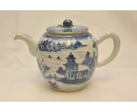 A late 18th century blue and white Chinese export teapot, restored
