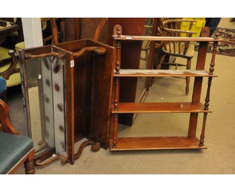 A Victorian two tier hanging shelf with mirror back together with one other set of four shelves.