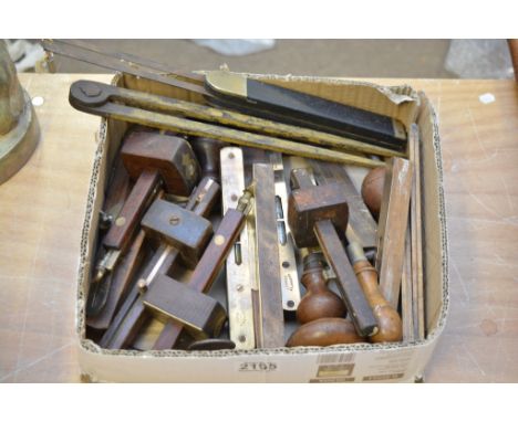 Twenty vintage woodworking tools, mostly brass inlaid