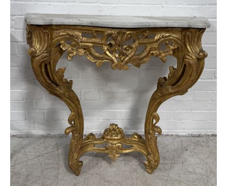 A 19TH CENTURY FRENCH GILT WOOD CONSOLE TABLE WITH WHITE MARBLE TOP96cm x 86cm x 45cm