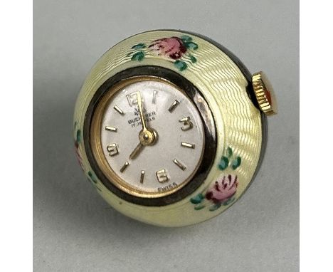 A LADIES BUCHERER ENAMEL AND SILVER GILT FLORAL FOB WATCH