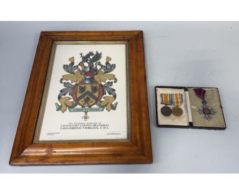 A C.B.E IN GARRARD AND CO CASE, ALONG WITH TWO WAR MEDALS AWARDED TO LT COLONEL C.L. MORGAN AND FRAMED ARMORIAL 