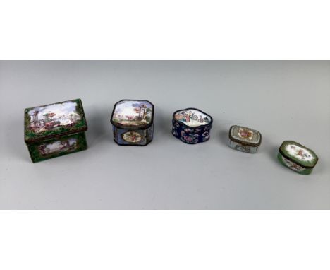 A GROUP OF FIVE ENAMELLED BOXES PAINTED WITH SCENES TO INCLUDE LANDSCAPE AND CHINESE CANTONLargest: 11cms x 10cms