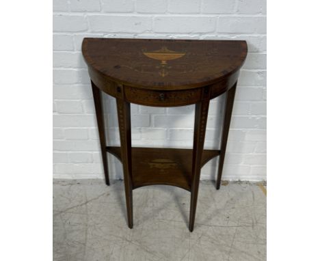 A SMALL DEMI-LUNE CONSOLE TABLE WITH MARQUETRY INLAY IN THE NEO-CLASSICAL STYLE 76 x 57 x 30 cm