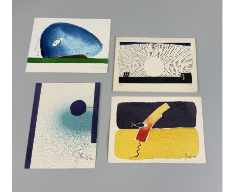 FOUR ABSTRACT WATERCOLOUR AND PENCIL DRAWINGS ON PAPERSome cards, signed within.Each painting signed 'Bowle?' and dated in th