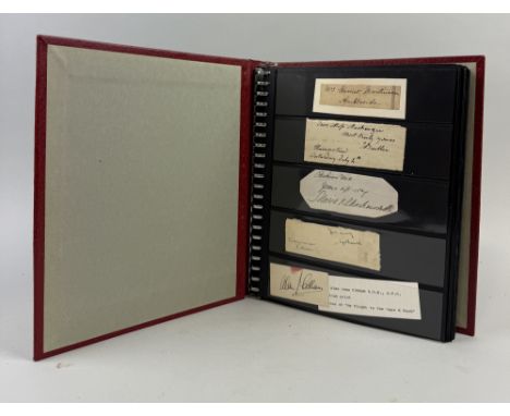 A RED ALBUM OF OVER ONE HUNDRED ITEMS, TO INCLUDE CUT AUTOGRAPHS /SIGNATURES, STOCK CARDS, ETC. Items span the 17th to 20th c