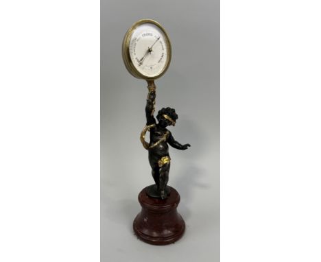 A BRONZE PUTTI HOLDING A BAROMETER ON RED MARBLE BASE35cm H 