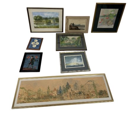 VARIOUS WATERCOLOURS AND PRINTS TO INCLUDE CHINESE PLACE CARDS  Each framed and glazed.Largest 94cm x 30cm