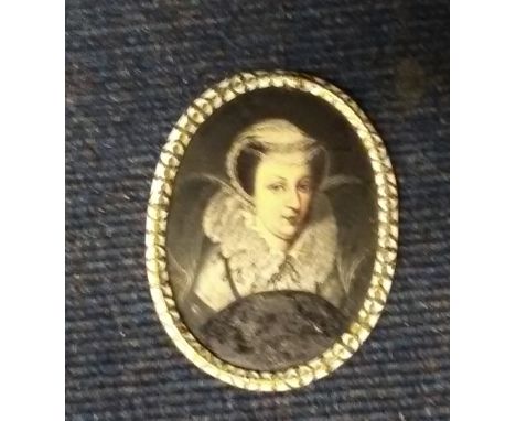 Queen Mary hand painted miniature oil on copper portrait 11 x 13cm, in gilt frame. Image of the Queen in Black Dress with. Ma