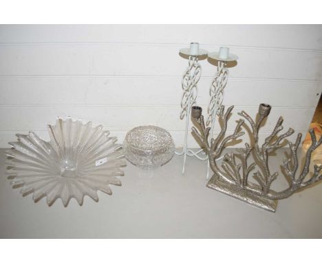 MIXED LOT COMPRISING MODERN BRANCH FORMED METAL CANDELABRA, FURTHER PAIR OF METAL CANDLESTICKS, GLASS ROSEBOWL AND A FURTHER 