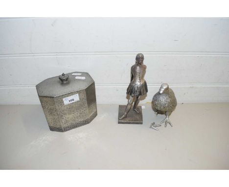 MIXED LOT COMPRISING A CAST METAL FIGURINE MARKED TO REVERSE 'RAC' TOGETHER WITH A PEWTER TEA CADDY AND A FURTHER MODEL GROUS