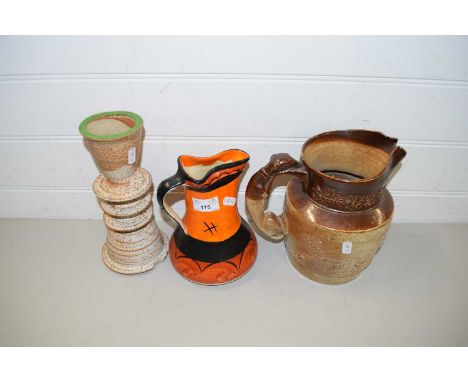 MIXED LOT COMPRISING 19TH CENTURY STONEWARE JUG TOGETHER WITH A FURTHER STUDIO POTTERY CANDLESTICK AND A MYOTT &amp; SONS JUG