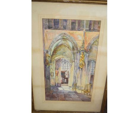 M M Spanton (British, 20th century), An interior scene of an unidentified church, watercolour on paper, signed, 56 x 32cm