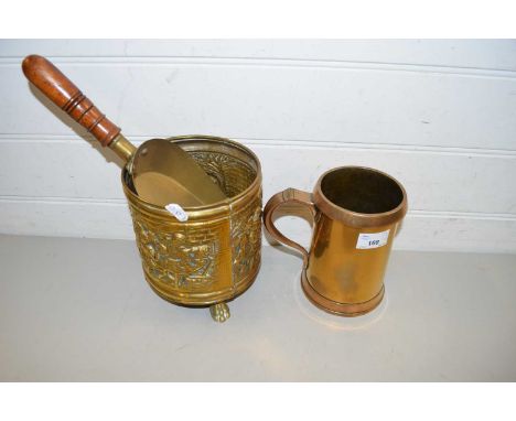 MIXED LOT BRASS TANKARD, BRASS JARDINIERE AND A BRASS FIRE SHOVEL (3)