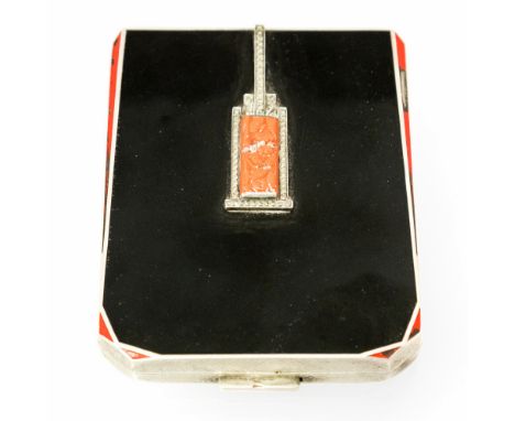 An Art Deco silver and enamelled compact, black lacquer with red detailing, applied marcasite and carved coral, import marks 