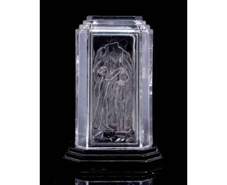 An Art Deco Bagley pressed glass table lamp, cuboid form with mythical panels depicting the rescue of Andromeda from Medusa b