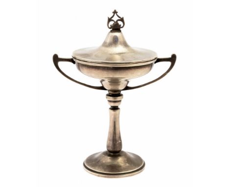 An Arts and Crafts style silver covered chalice, twin handled with fretted finial, Walker and Hall, Sheffield 1946, 12cm high