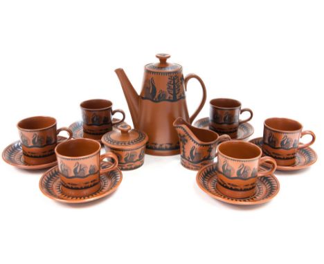 Scottie Wilson for Royal Worcester, a terracotta tea set, black printed swan design, circa 1965, including teapot, cups, sauc