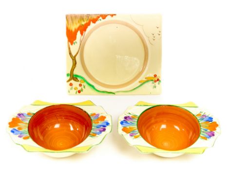 Clarice Cliff for Wilkinson, a Taormina Orange, Biarritz plate, 19cm wide, together with two Newport Pottery Crocus pattern b