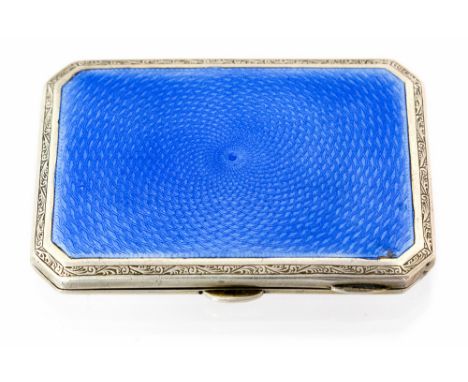 An Art Deco enamelled silver cigarette case, pale blue guilloche enamel within a chased foliate border, the reverse with engi