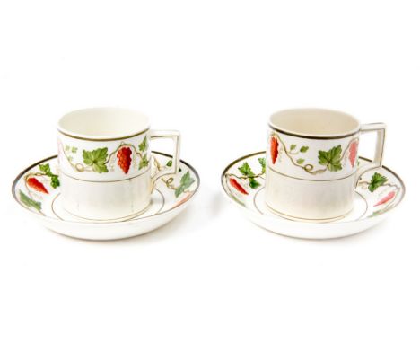 A pair of Wedgwood James Powell Whitefriars glass works, coffee cups and saucers, grapes and vine pattern 