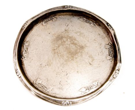 Archibald Knox for Liberty and Co., a Tudric pewter salver or drinks tray, design 0716, Celtic knot and bud design, English P
