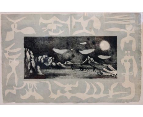 Jean Lurcat (1892-1966), Surrealist moon landing, lithograph, 1952, signed in pencil, 32cm x 51cm, framed